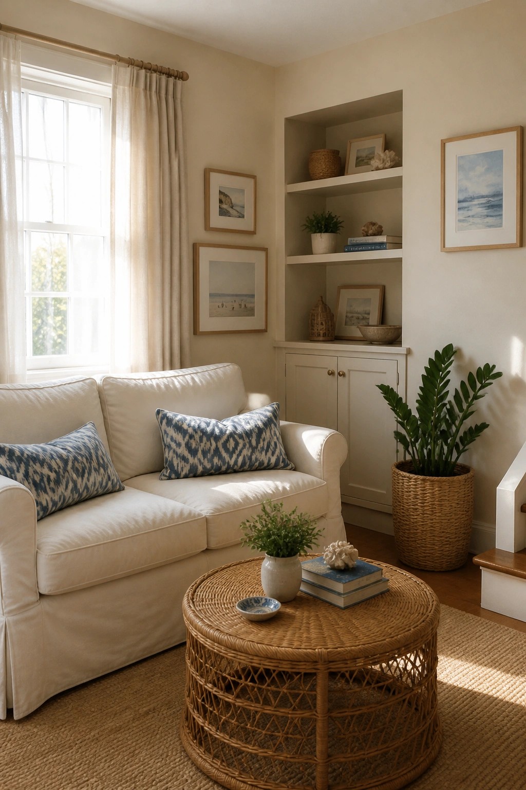 White sofa with blue pillows beside round wicker table and built-in shelves with art.