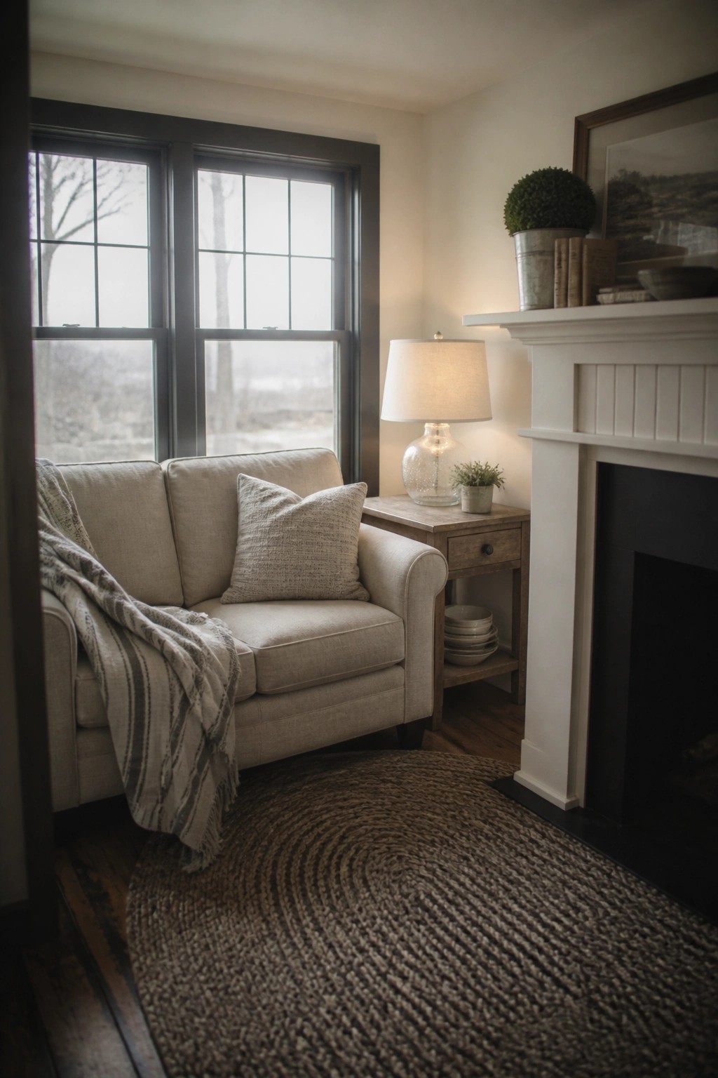 Light warm neutral walls in a small living room with a white fireplace mantel and wood flooring.