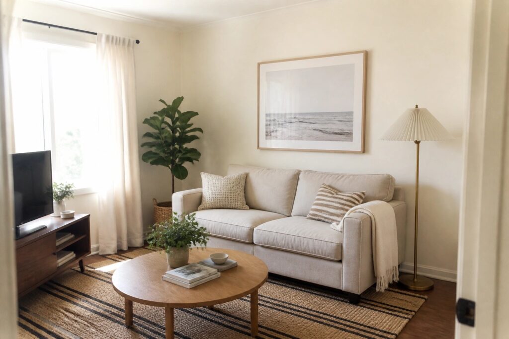 20 Airy Small Living Room Paint Colors for Compact Seating Areas Small living room with warm off-white walls, a beige sofa, and wood furniture.