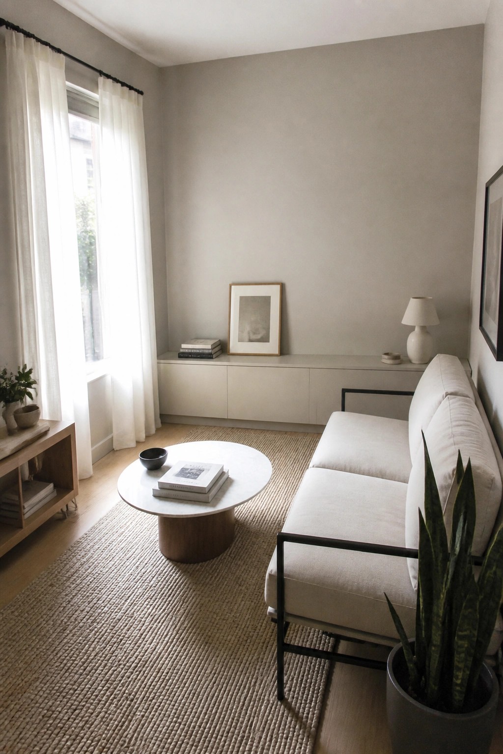 Light greige walls and matching built-in cabinet in a small living room with wood flooring.