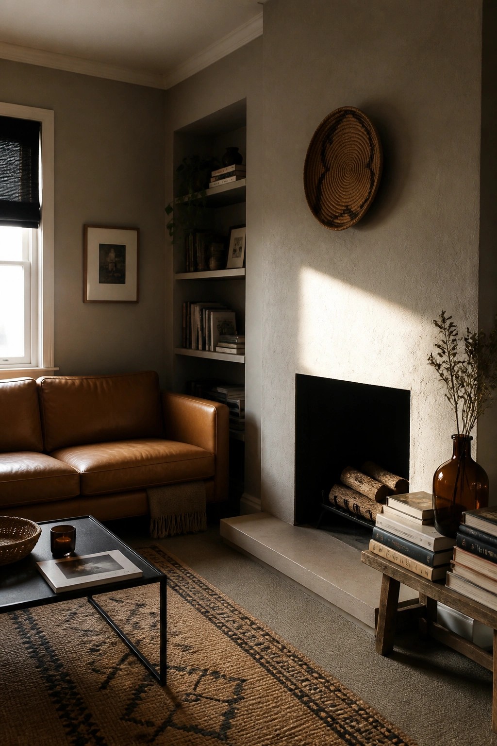Muted greige walls in a small living room with a white fireplace and brown leather sofa.