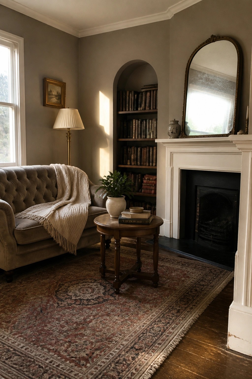 A small living room with muted greige walls, white fireplace mantel, and built-in arched shelves.