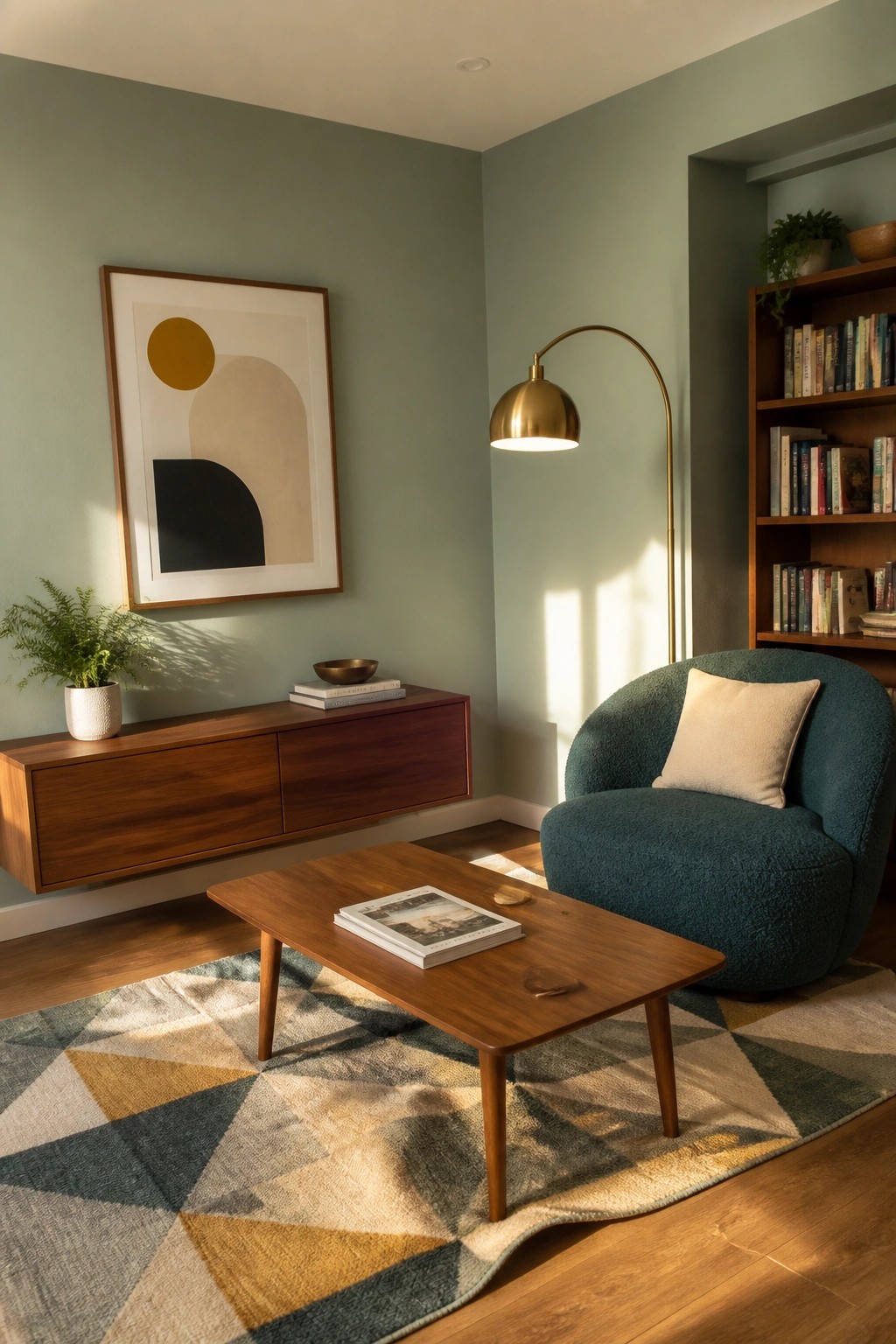A compact living room with soft sage green walls and warm wood furniture.
