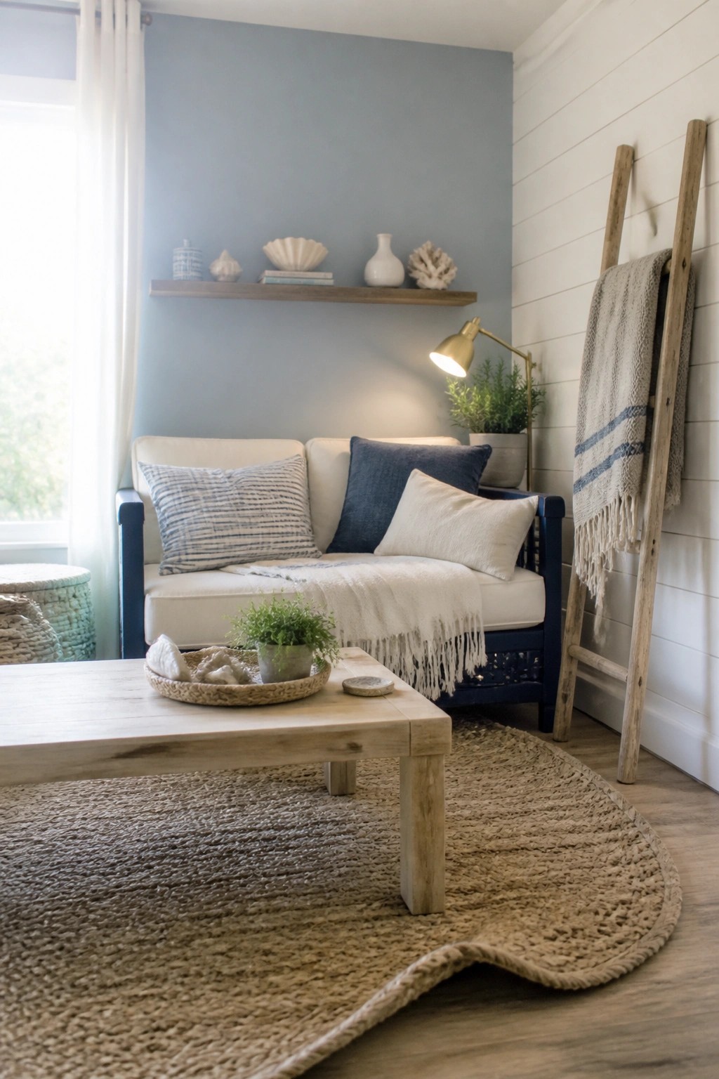 A small living room with soft blue gray walls and natural wood furniture.