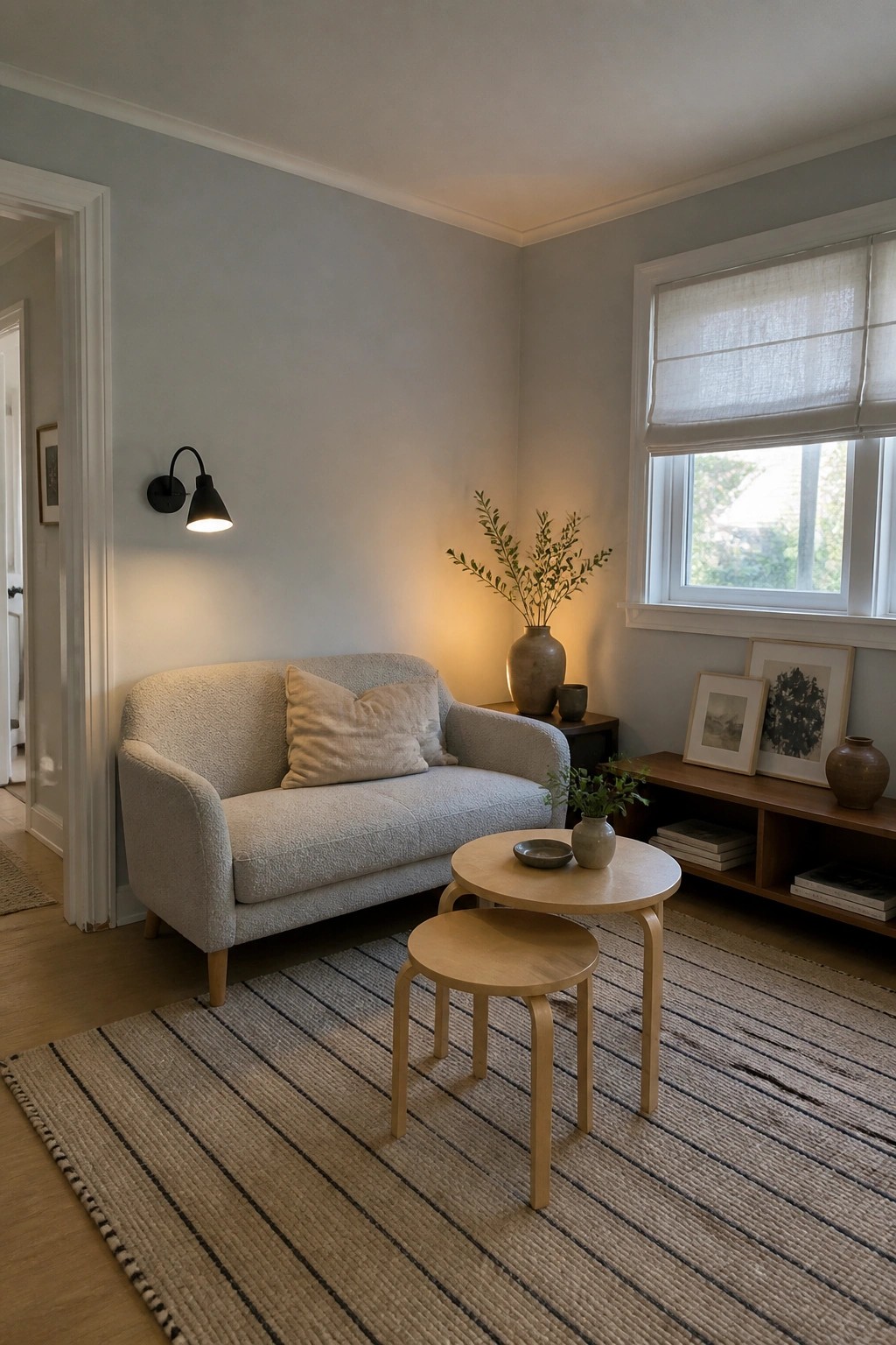 Cozy living room with beige sofa, wooden nesting tables, and striped rug by window