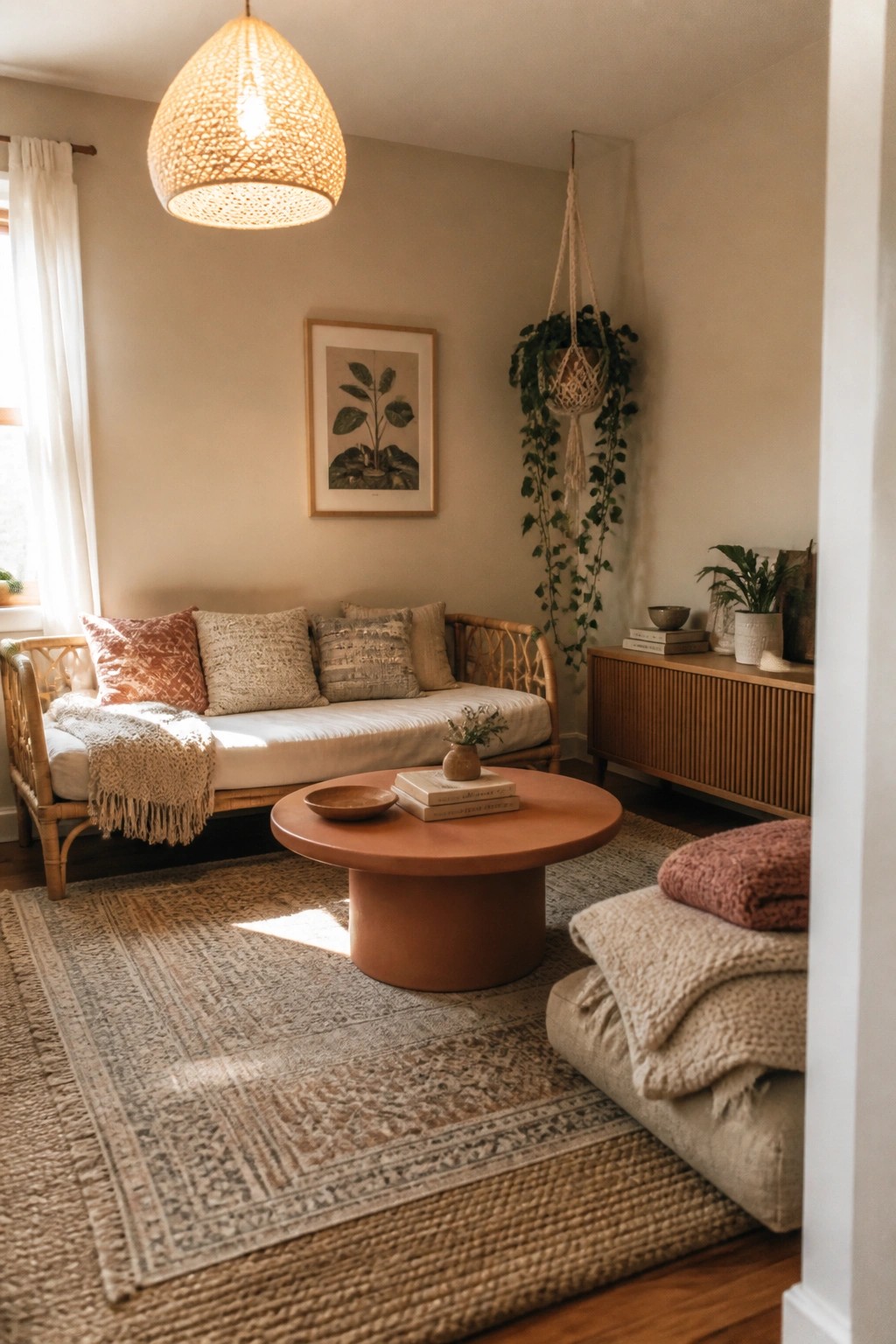 Small living room with soft warm beige walls and wood furniture.