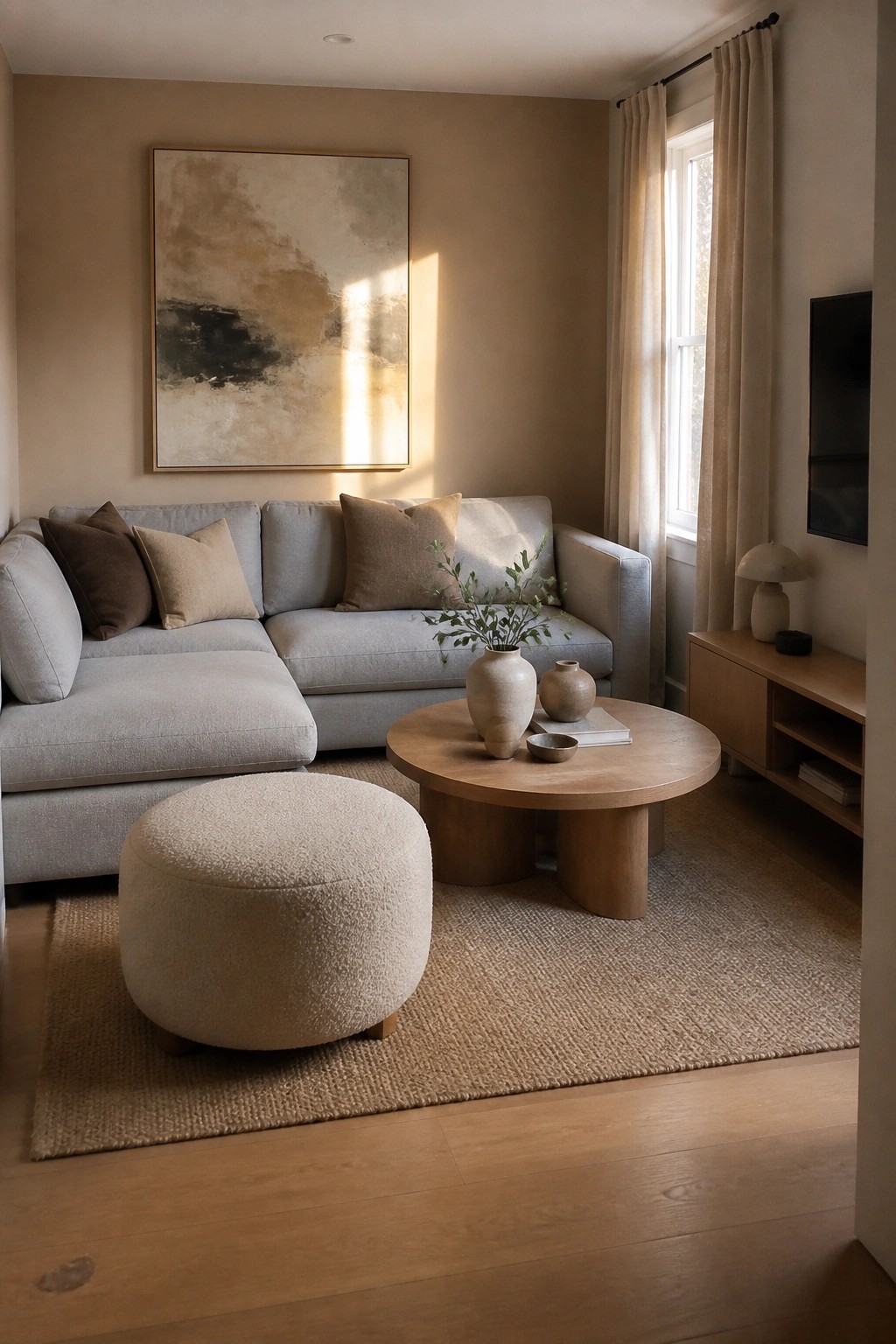 Modern living room with gray sectional sofa, round wooden coffee table, beige ottoman, and abstract art.