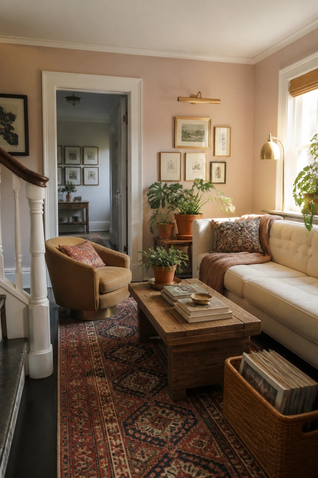 Soft warm blush walls in a small living room with white trim and wood furniture.
