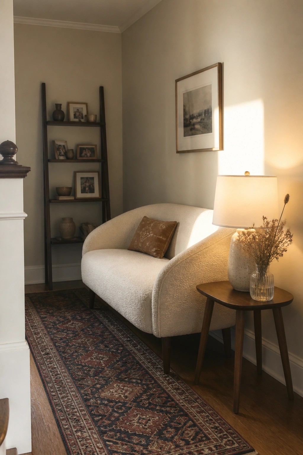 Warm greige walls in a small living room seating area with wood shelves and a curved sofa.