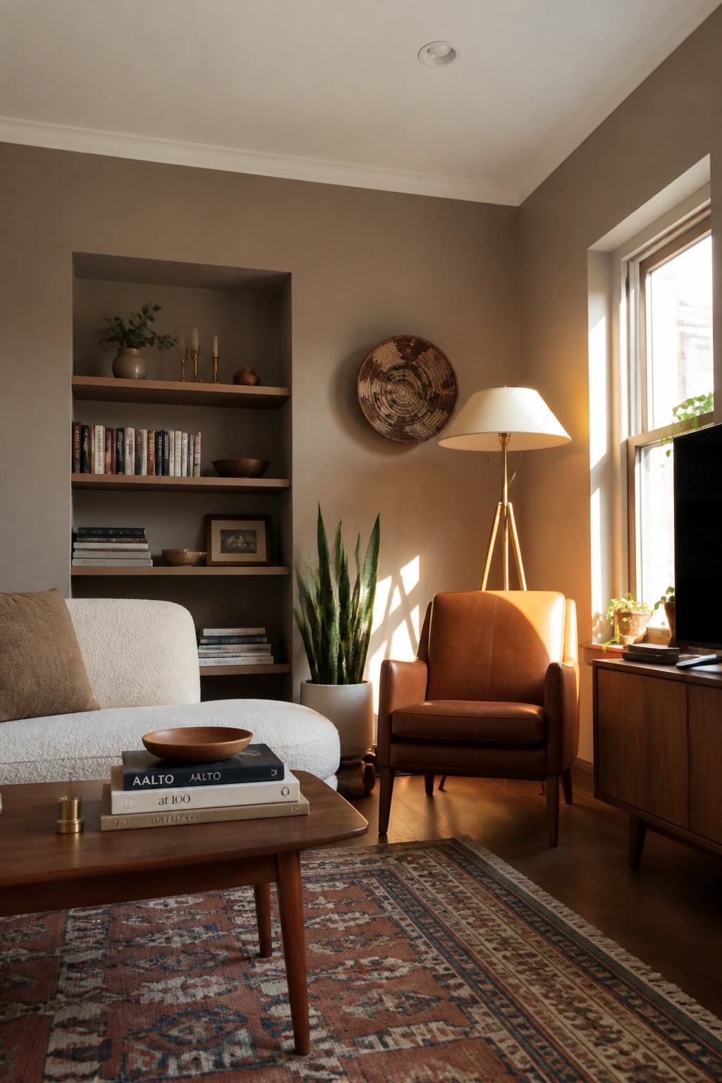 A small living room with warm greige walls and built-in wooden shelves.