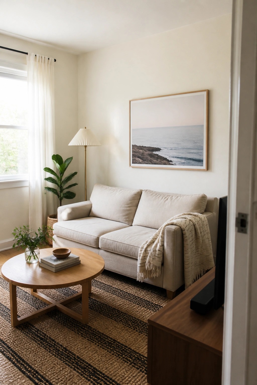 Small living room with warm off-white walls, a beige sofa, and wood furniture.