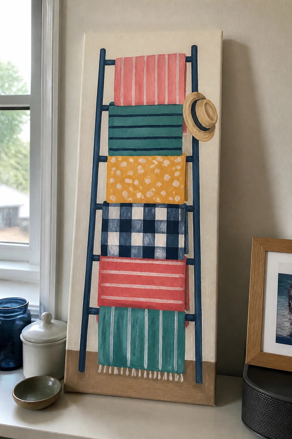 Canvas painting of blue ladder with colorful patterned towels and small hat.