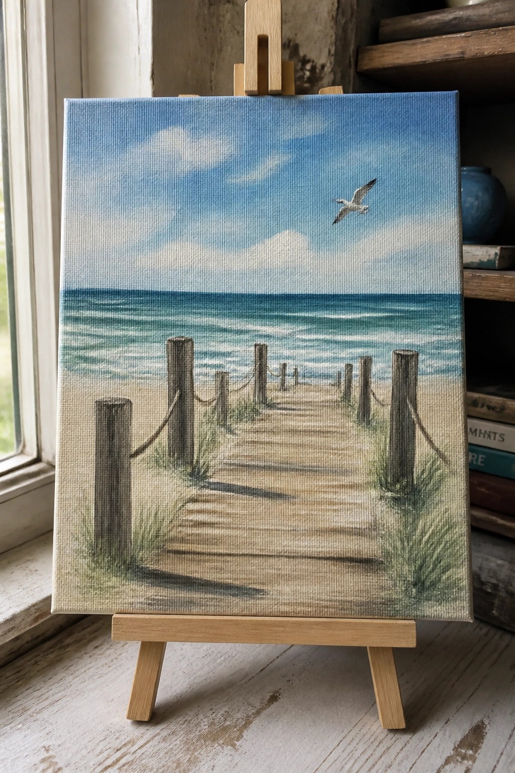 Realistic painting on easel of boardwalk to blue ocean with posts, grass, and flying seagull.