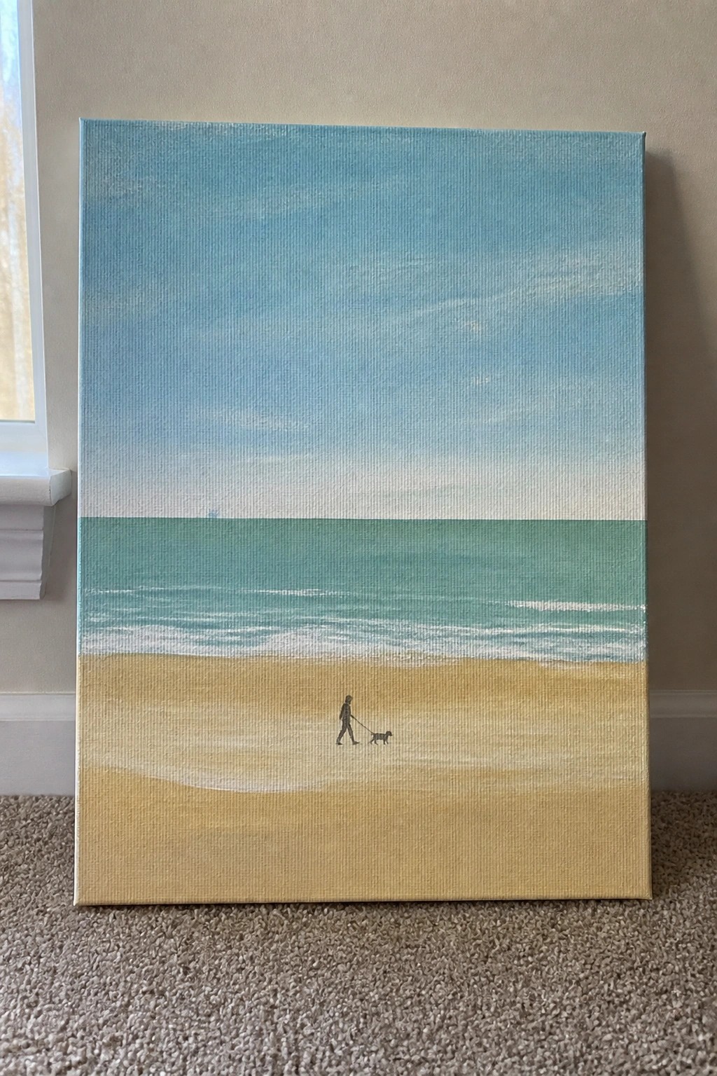 Minimalist canvas painting of person walking dog on sandy beach with turquoise waves and blue sky.