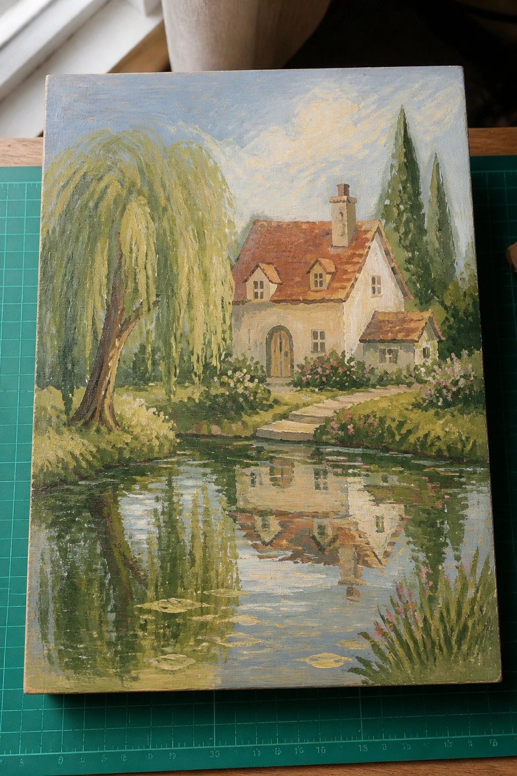 White cottage with red roof reflected in pond beside weeping willow and garden path.