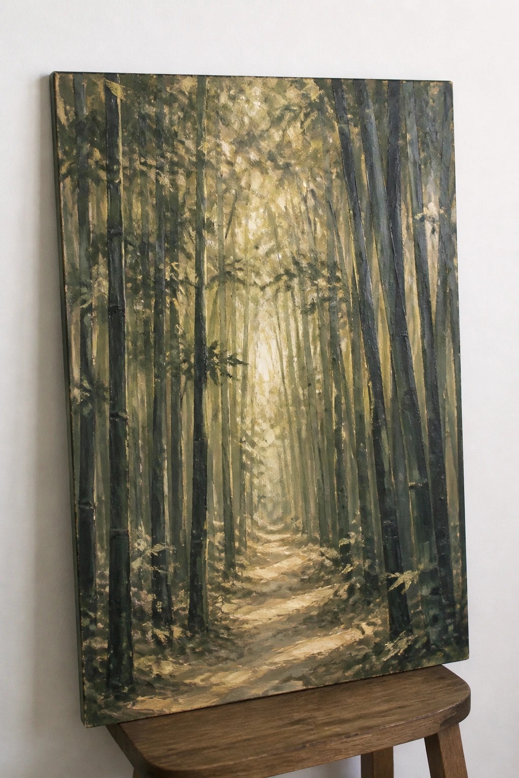 Impressionistic painting of sunlit forest path with tall trees on wooden stool