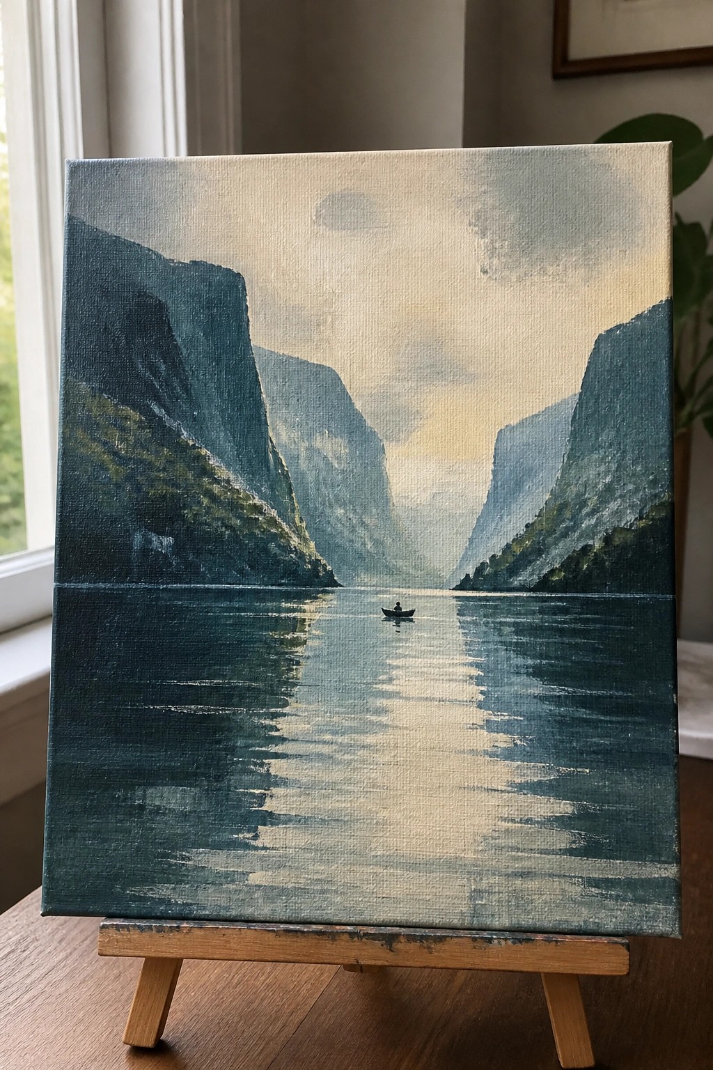 Painting on easel of misty fjord with steep mountains, calm water, and lone boat