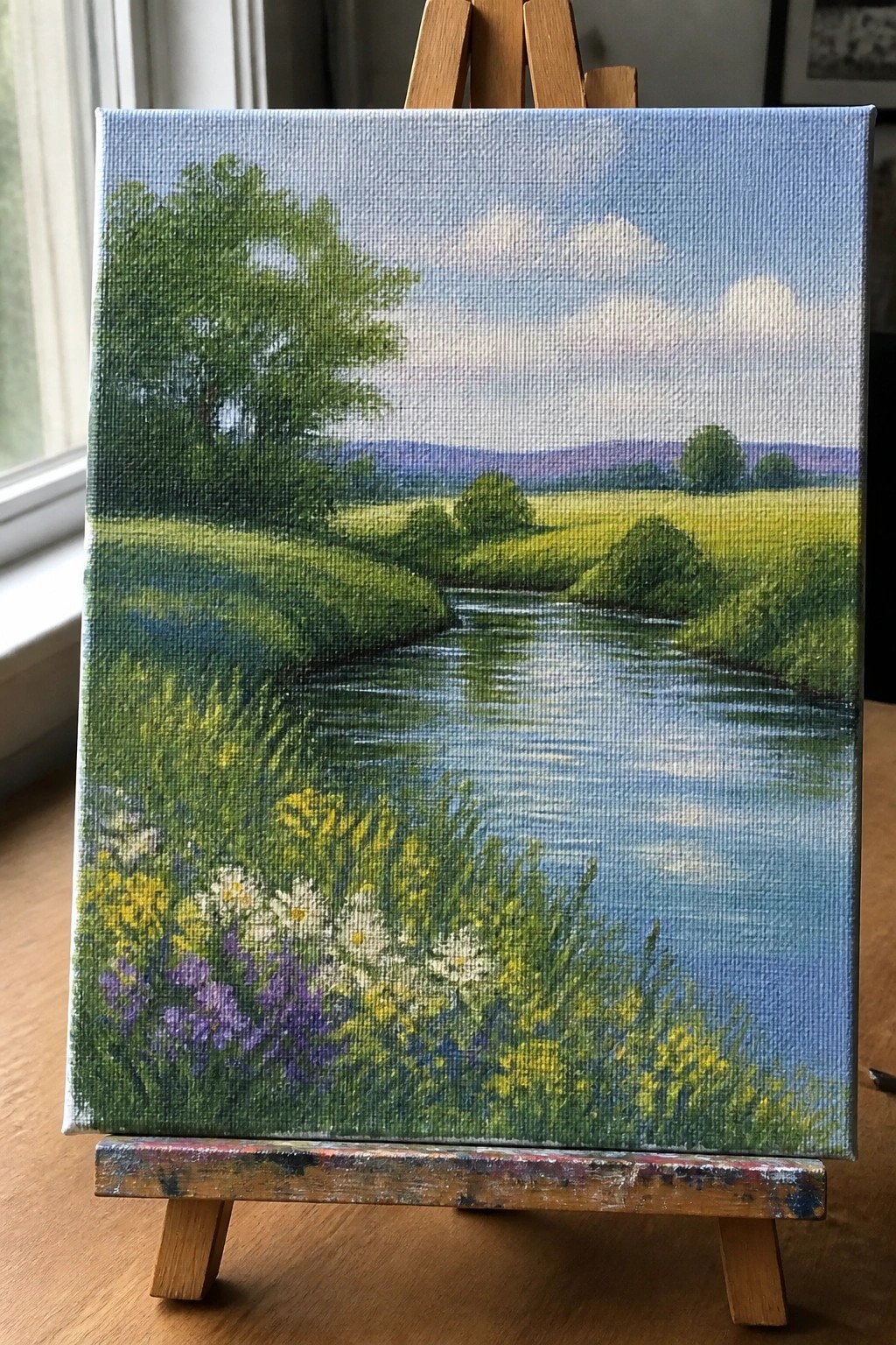 Landscape painting on easel of blue river winding through green fields with wildflowers and trees