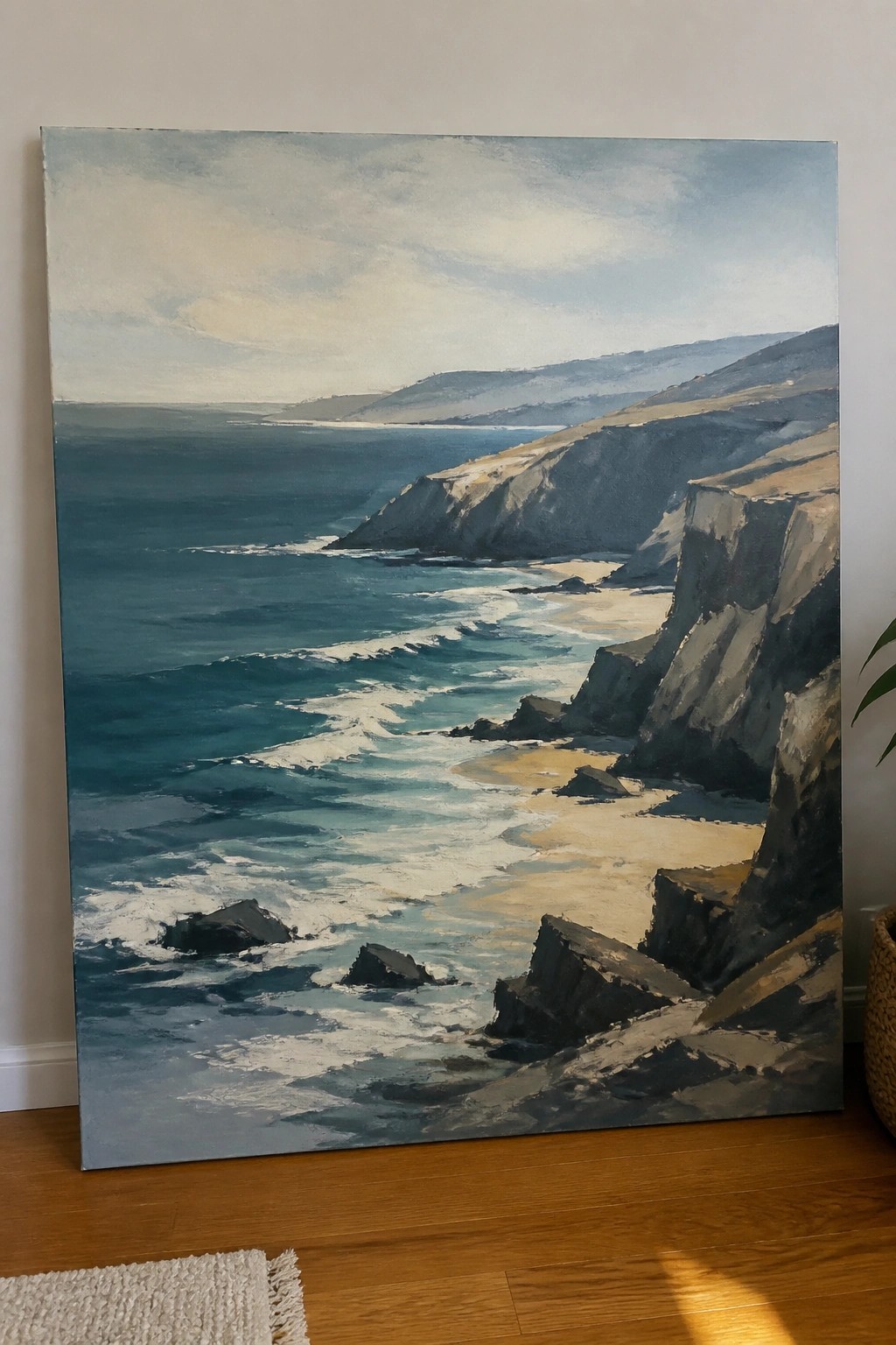 Large painting of ocean waves and cliffs leaning on wooden floor indoors