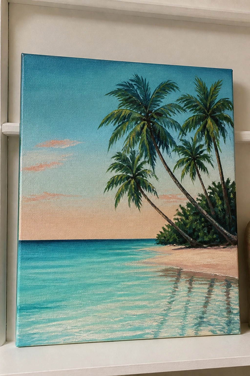 Tropical beach painting with leaning palm trees, turquoise ocean, sandy shore, and pastel sky.