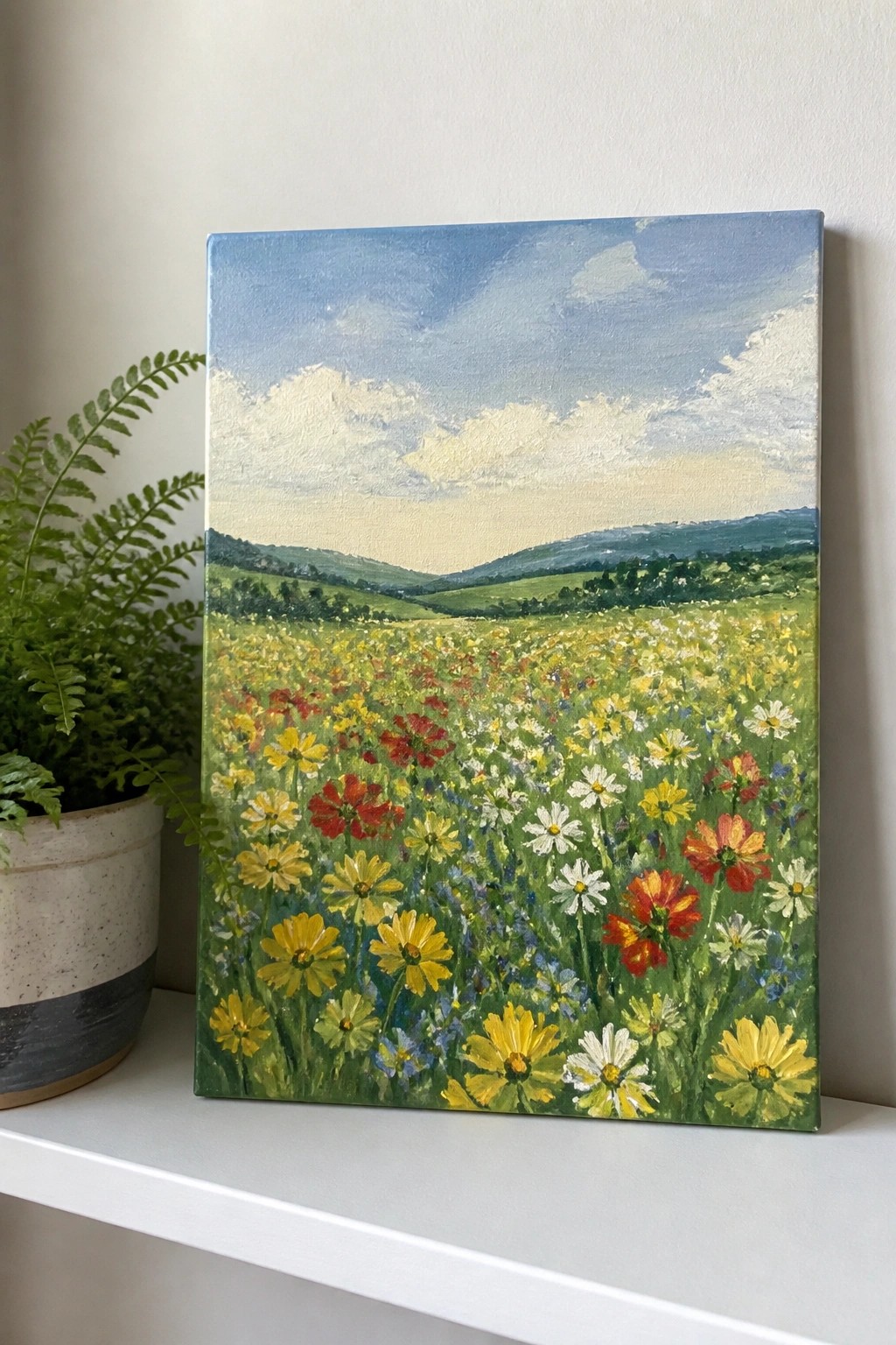 Vibrant wildflower meadow painting with colorful blooms, rolling hills, blue sky beside potted fern.