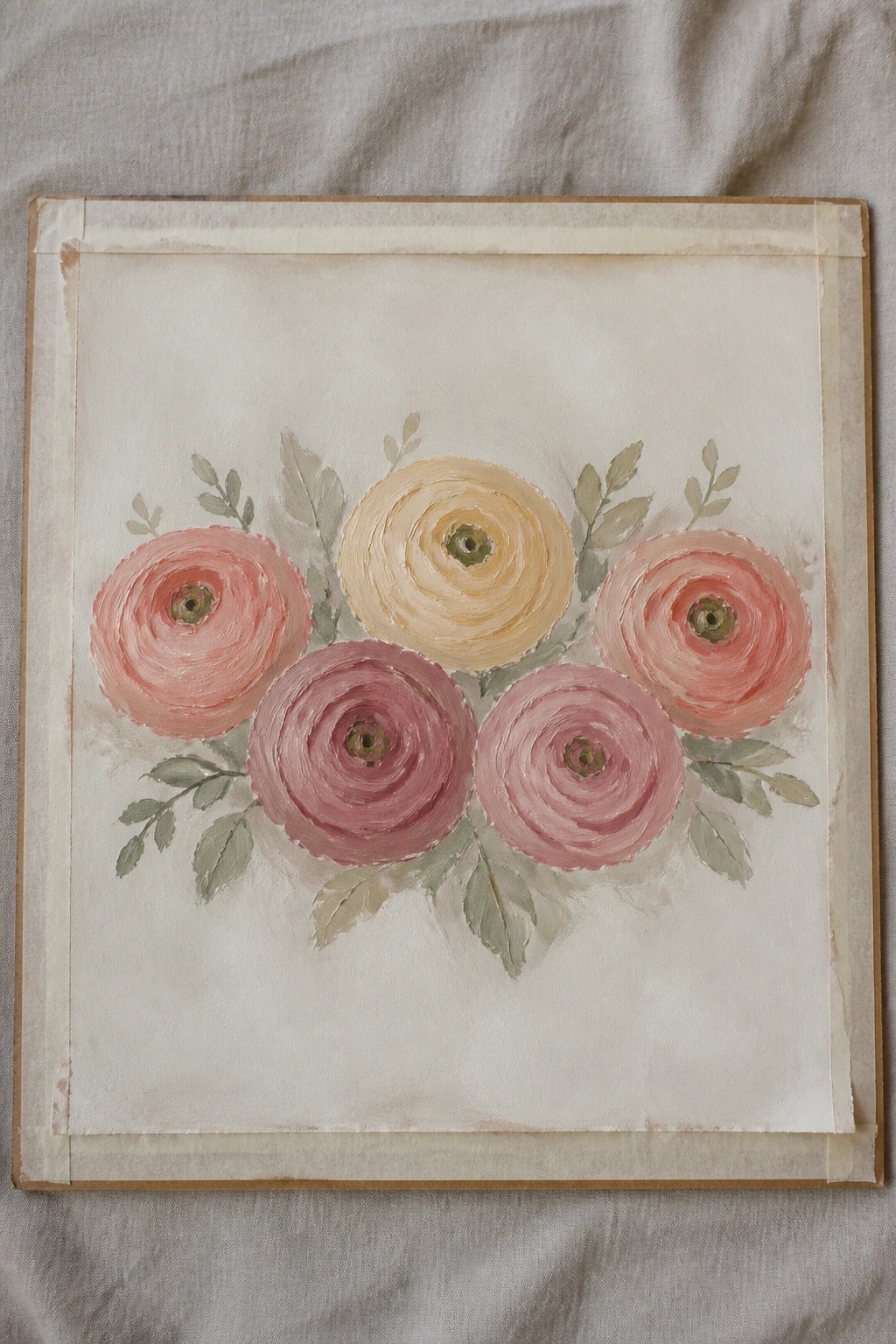 Canvas painting of five pink and yellow flowers with green leaves on fabric