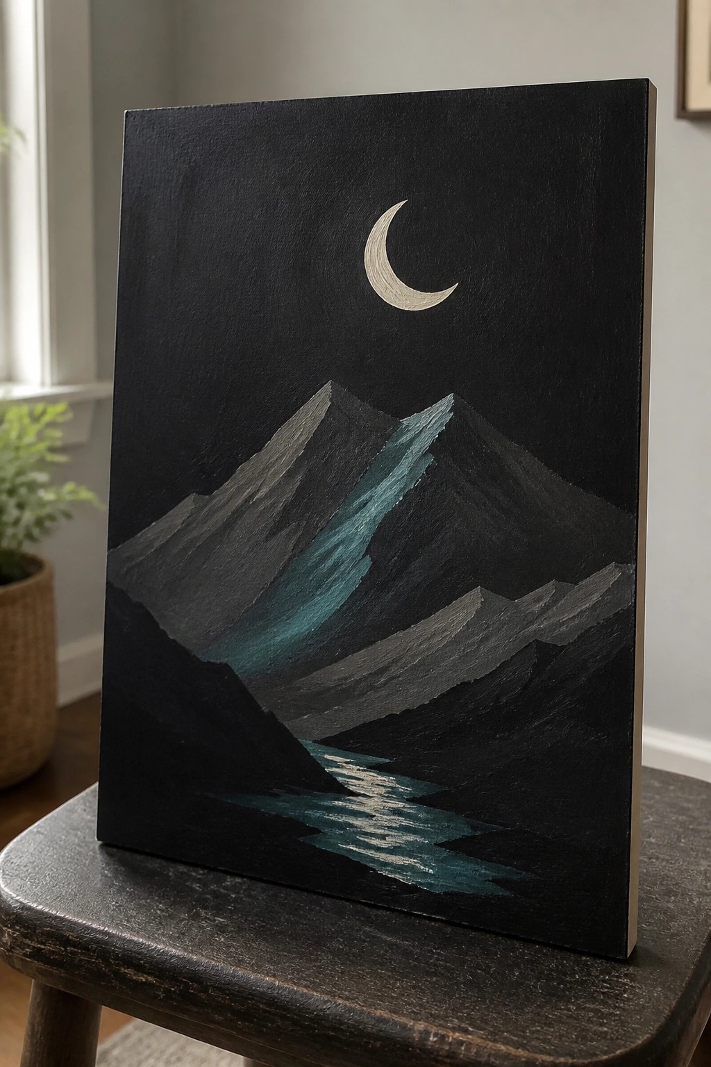 Nighttime acrylic painting of crescent moon over dark teal mountains and river