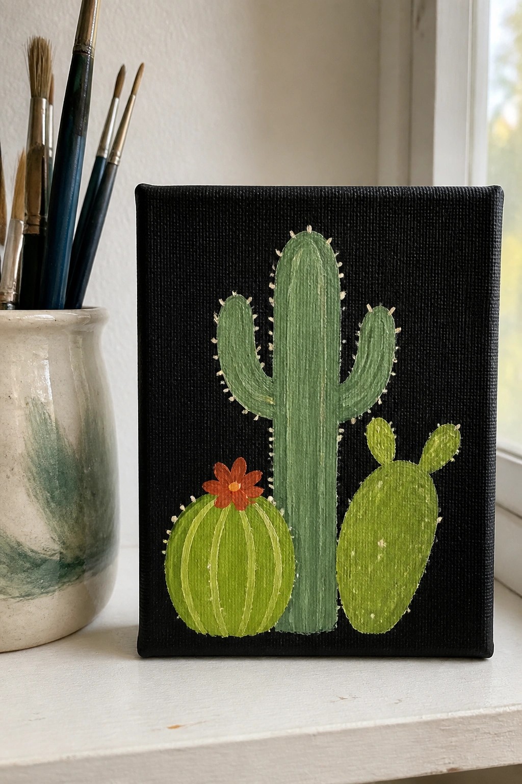 Black canvas painting of green cacti with red flower beside paintbrushes