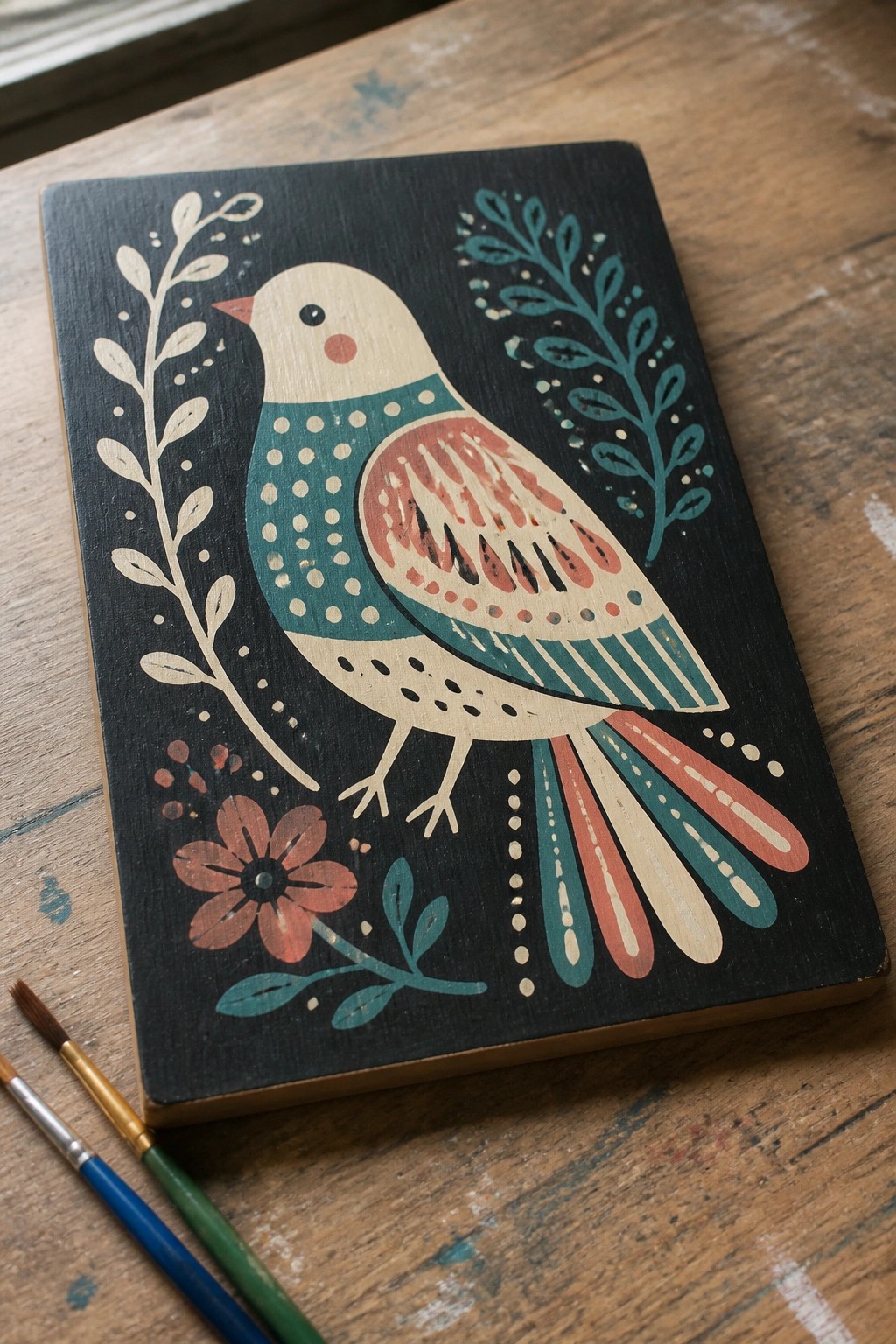 A folk art style bird painted in teal, coral, and beige on a black canvas, surrounded by leaves and a flower, with paintbrushes nearby.