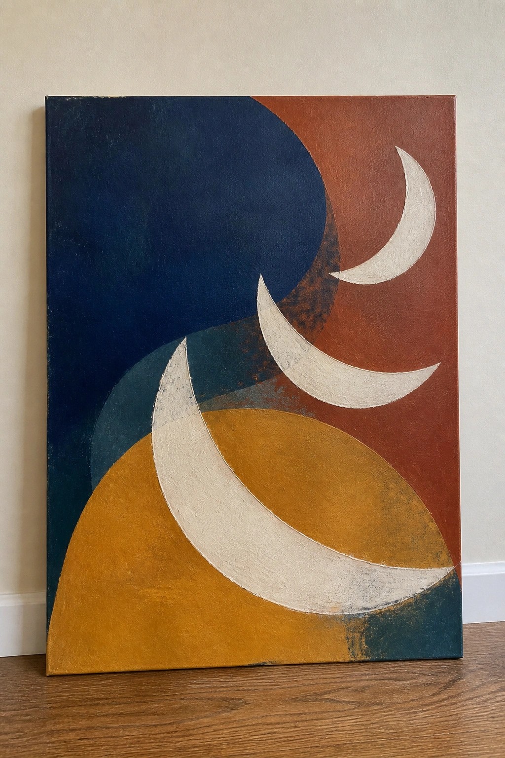 Abstract painting with overlapping crescents in blue, rust, teal, yellow, and white.