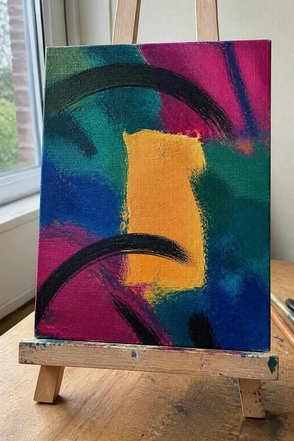 Abstract painting with vibrant pink, blue, green, yellow and black strokes on wooden easel