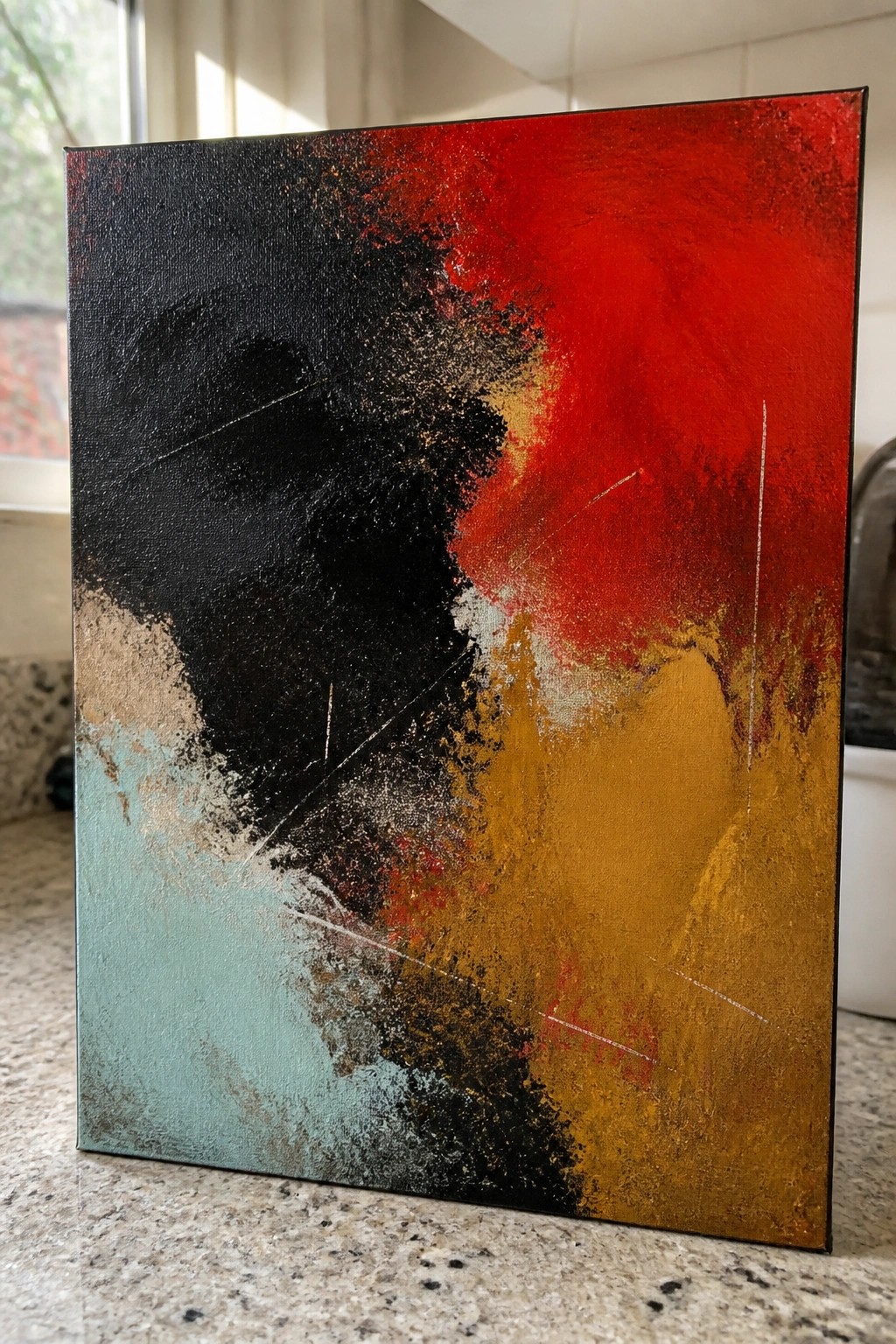 Abstract painting with bold black, red, gold, and teal strokes on canvas resting on countertop.