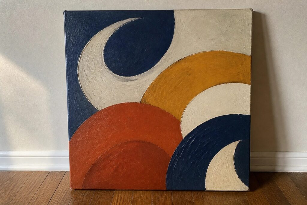 Abstract painting with overlapping crescents in blue, rust, teal, yellow, and white.