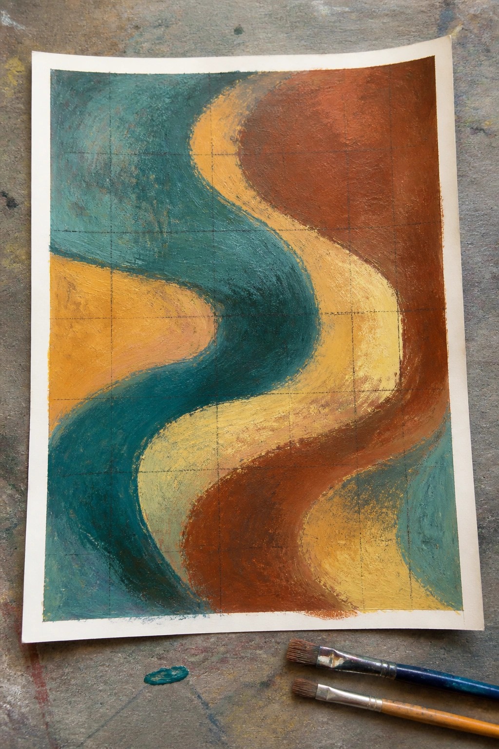 Abstract painting with swirling teal, orange, and yellow shapes beside paintbrushes on textured surface.