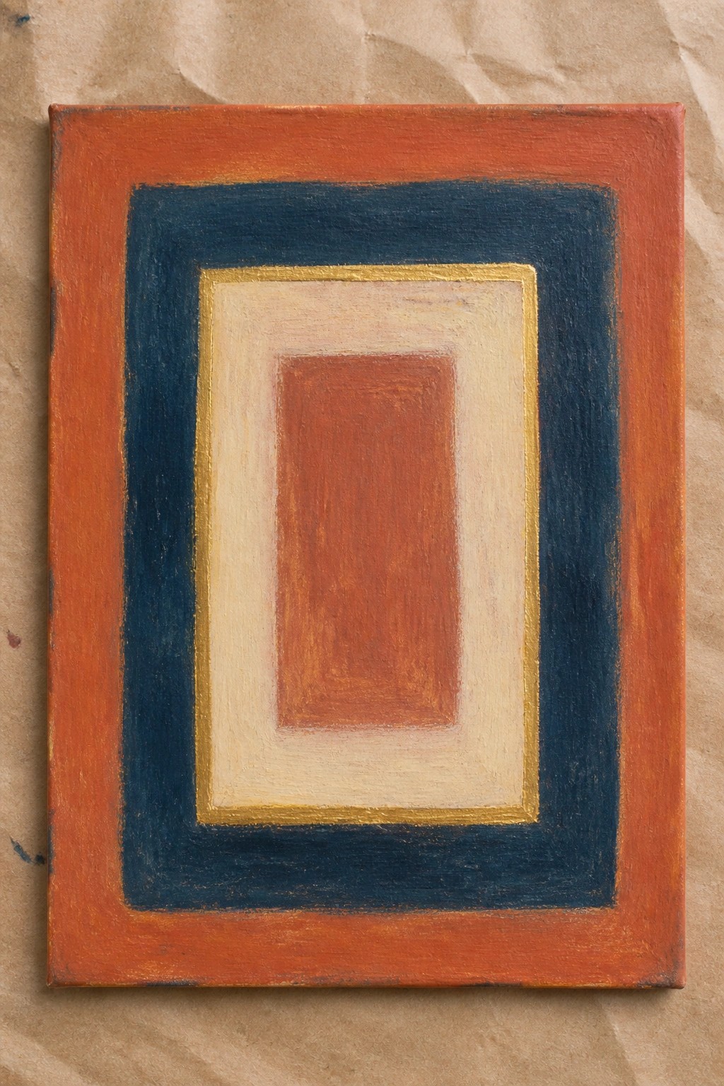 Abstract painting of nested rectangles in orange, blue, gold, beige, and red.