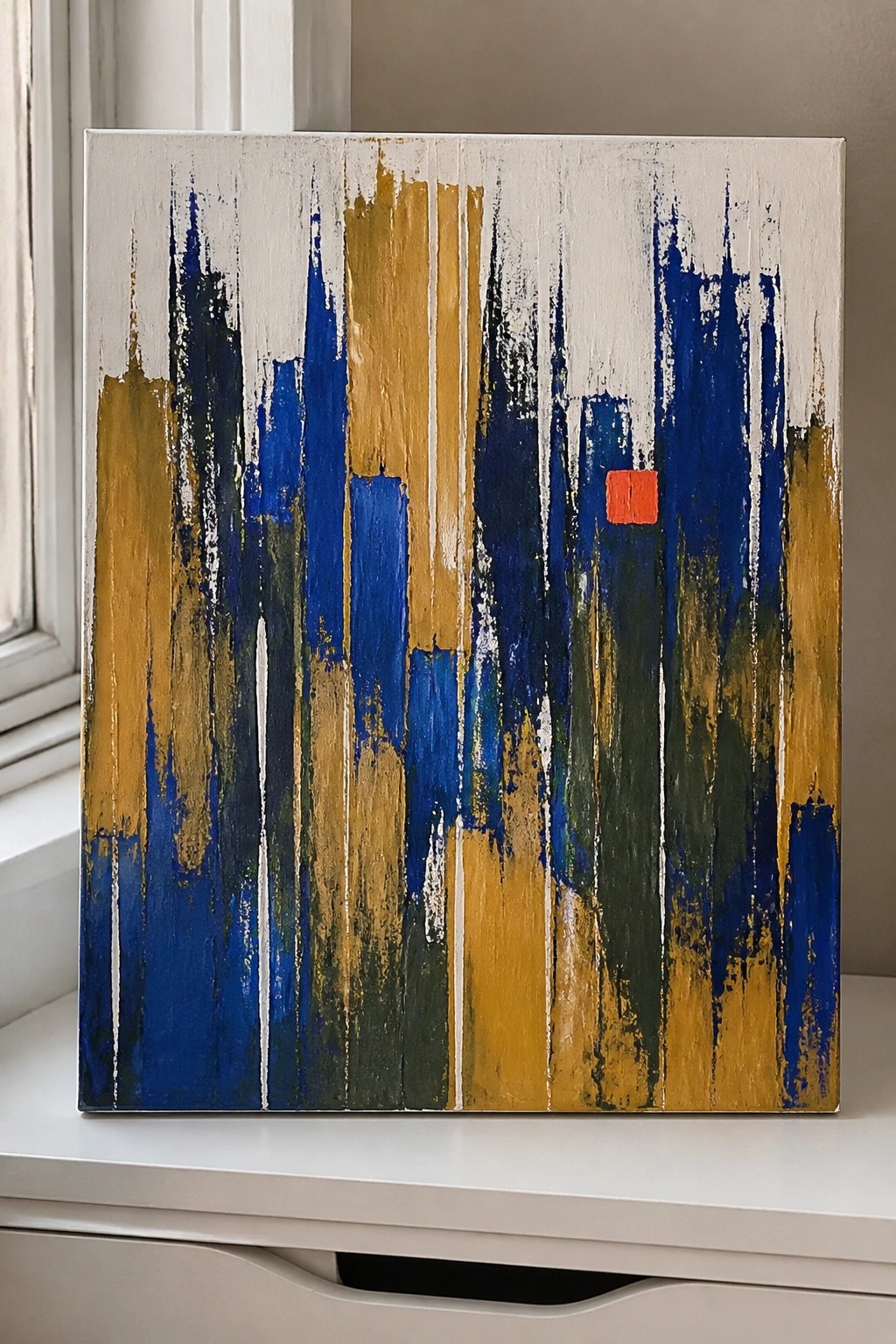 An abstract oil painting featuring vertical streaks of blue, ochre, white, and green with a small red square accent on the right side.