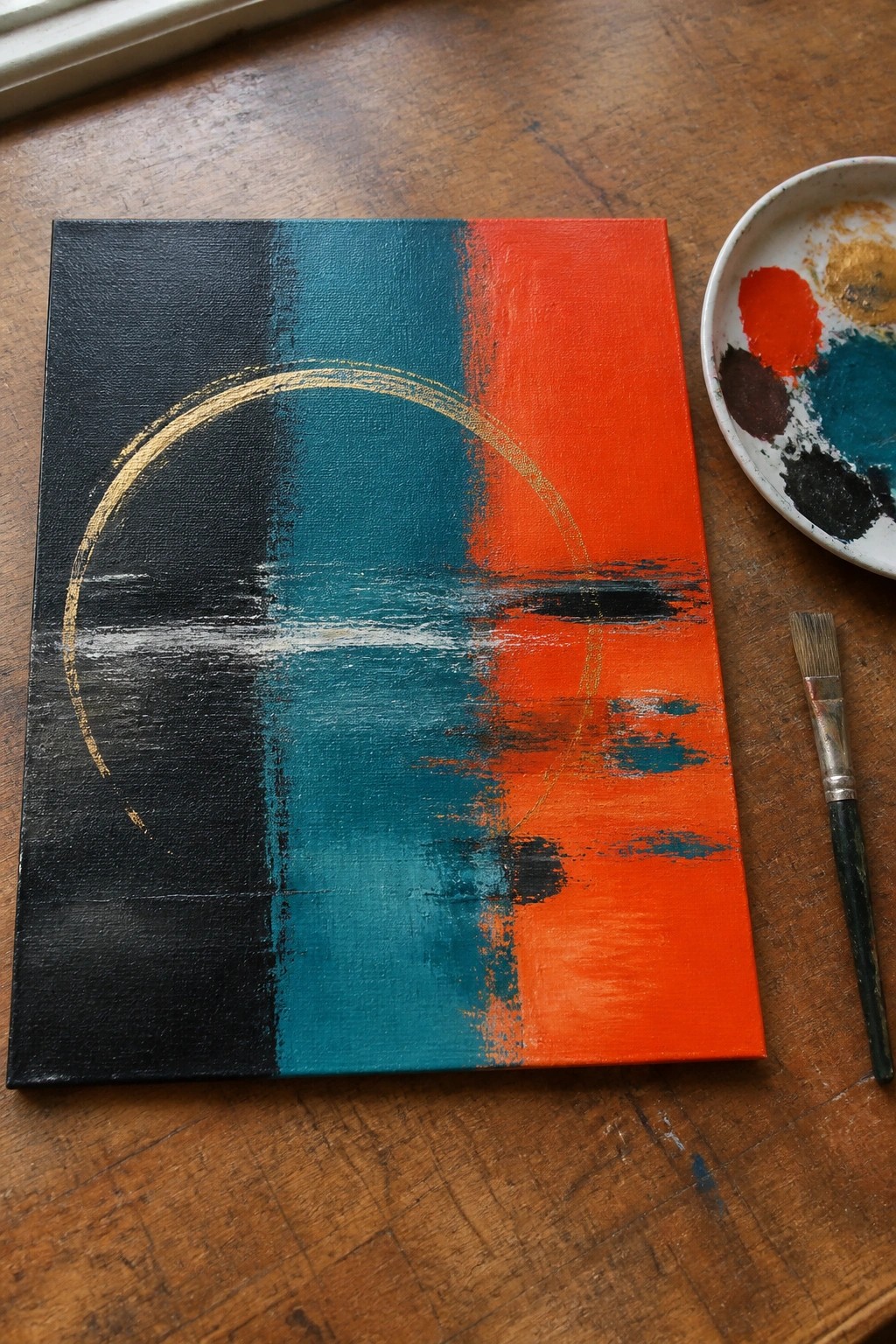 An abstract oil painting on canvas shows vertical blocks of black, teal, and orange with a gold curved line and horizontal brushstrokes, placed on a wooden table beside a paint palette and brush.