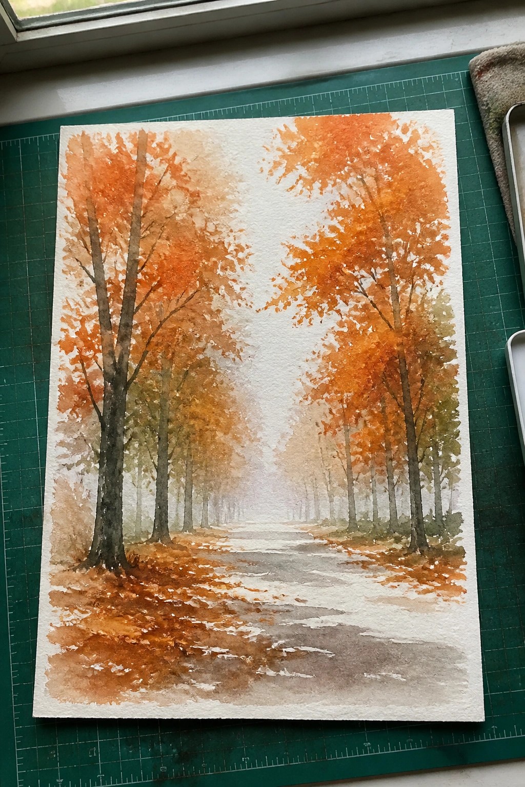 Watercolor painting of misty autumn path lined with orange-leafed trees and fallen leaves.