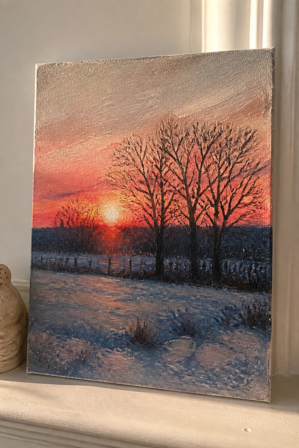 Painting of snowy winter landscape at red-orange sunset with bare trees and fence