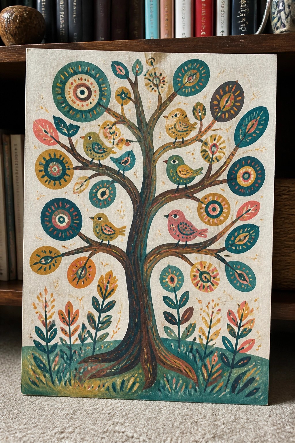 Folk art painting of a tree with colorful birds and patterned circular leaves