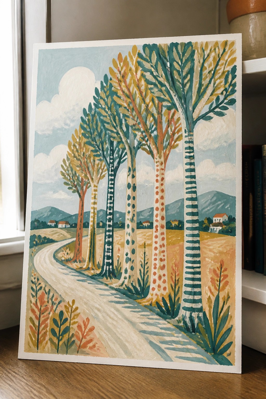 Colorful folk painting of winding road lined with tall patterned trees and hills.