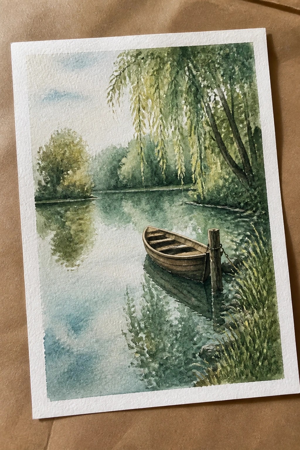 Watercolor of wooden rowboat tied to post in calm reflective waters surrounded by green trees.