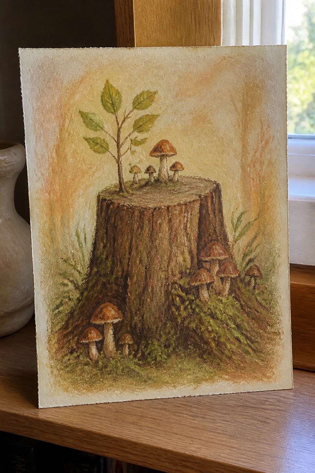 Soft pastel painting of a mossy tree stump with mushrooms and a young sapling.