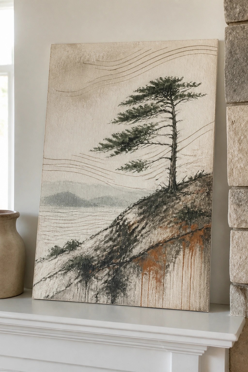 Abstract landscape painting of pine tree on rocky cliff by water, on white mantel.