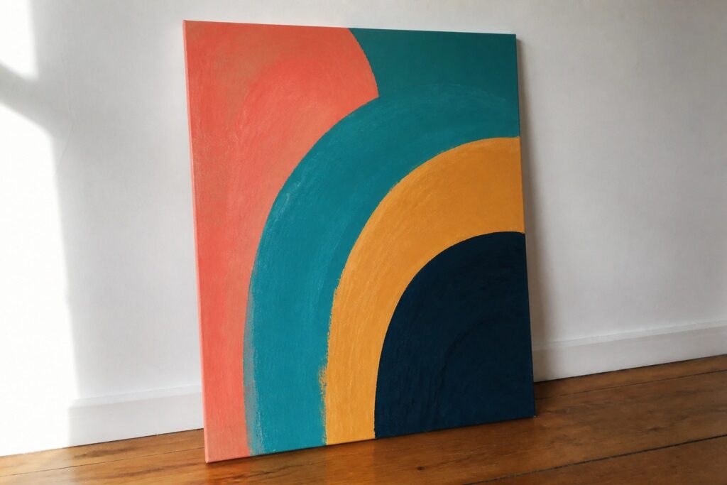 20 Creative DIY Canvas Art Projects With Bold Visual Impact Abstract canvas with nested arches in navy, coral, teal, and yellow leaning on floor.