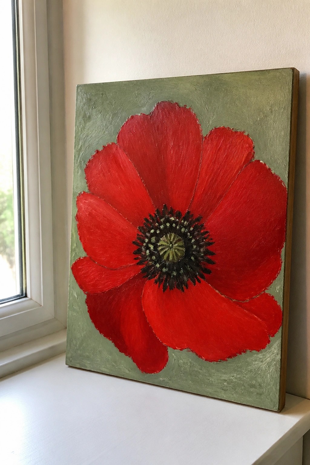 Red poppy painting with textured petals on green background beside window