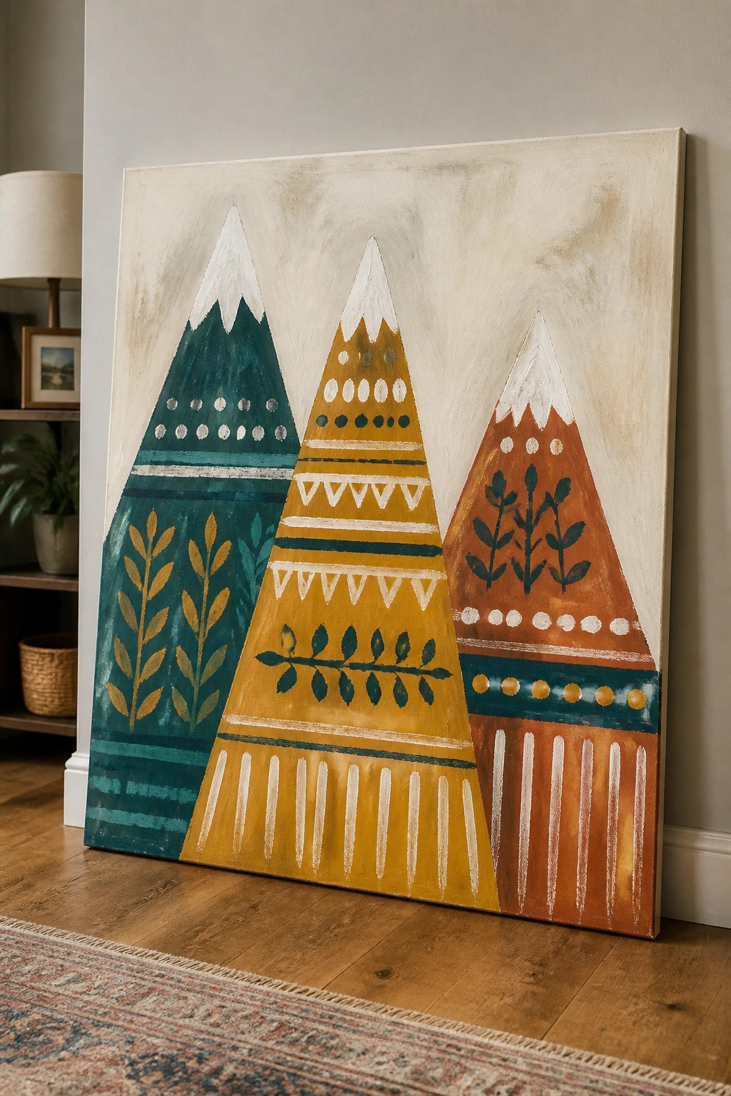 Large abstract canvas with three colorful patterned mountain peaks on wooden floor