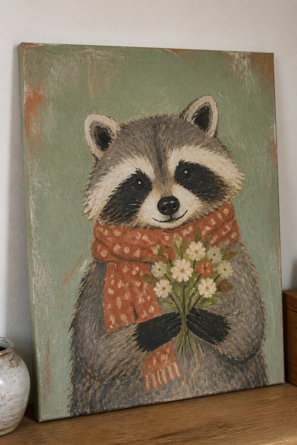 Raccoon in orange polka-dot scarf holds flower bouquet on green canvas.