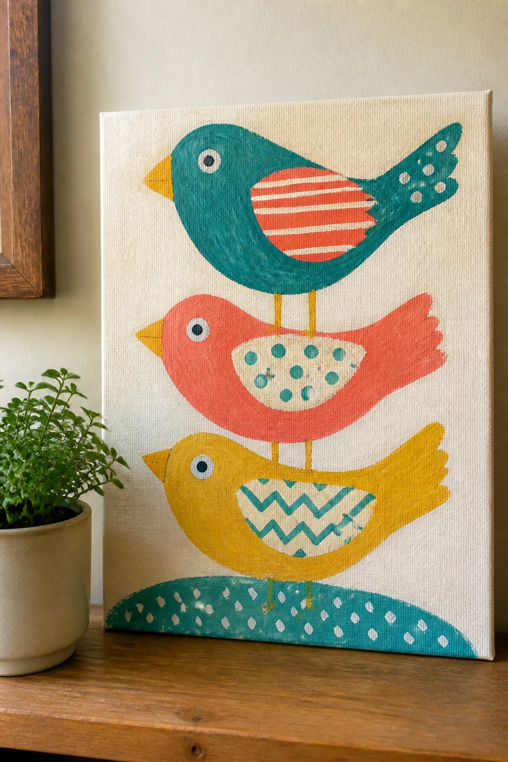 Three colorful stacked birds painting on canvas beside potted plant on wood