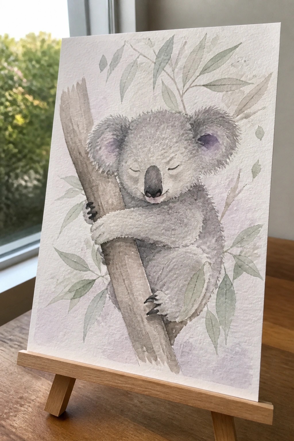 Watercolor koala sleeping on a tree branch amid soft green eucalyptus leaves.